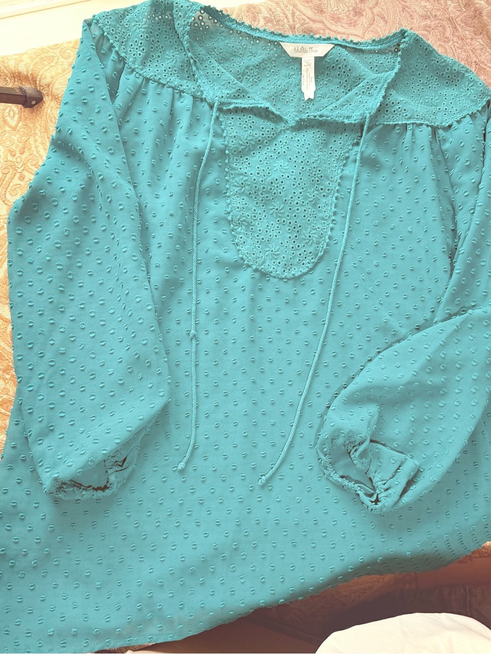 Matilda Jane Charisma Teal Swiss Dot Long Sleeve Peasant Tunic Blouse Women M